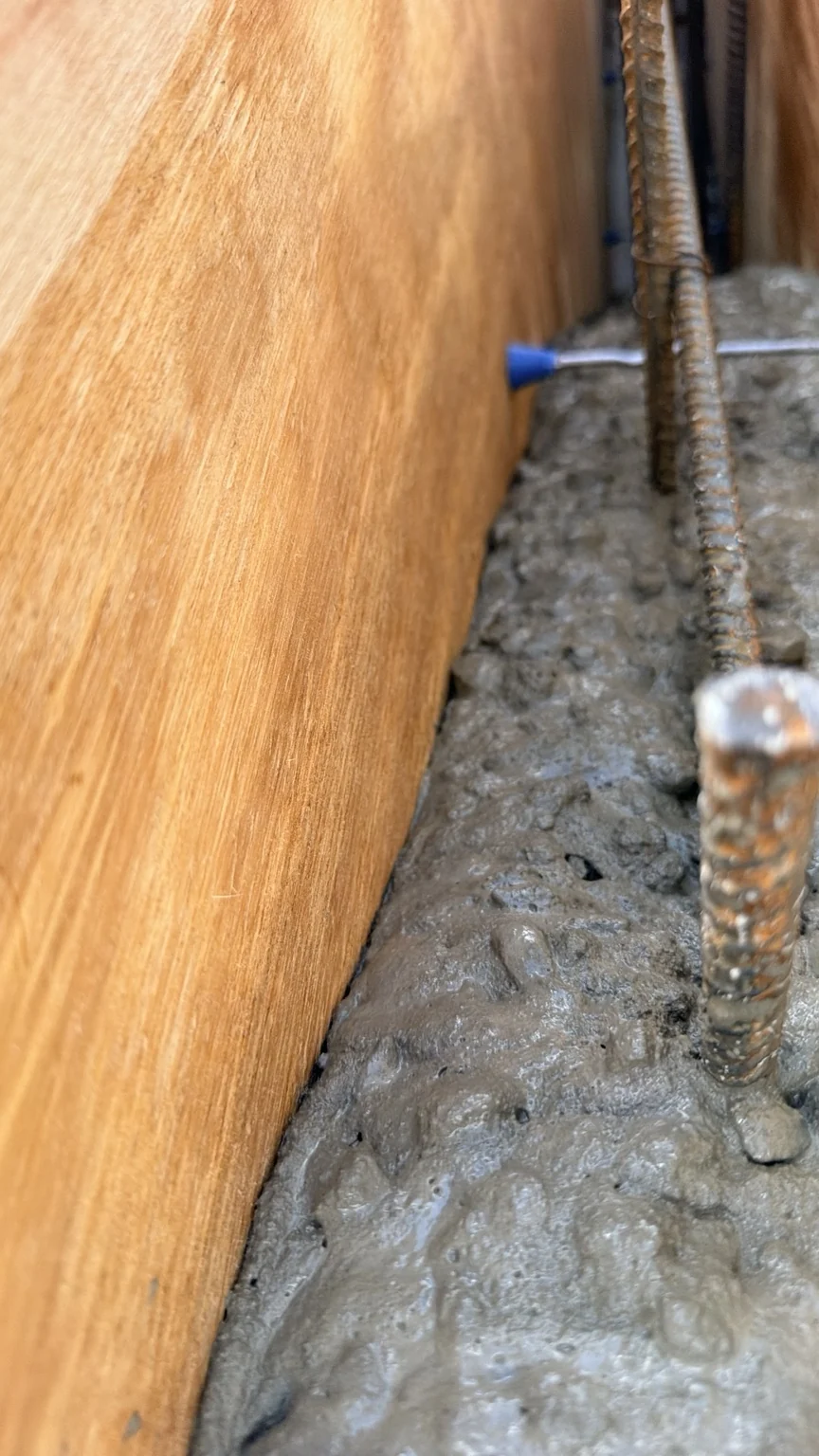 Close-up of fresh concrete around vertical reinforcing bars